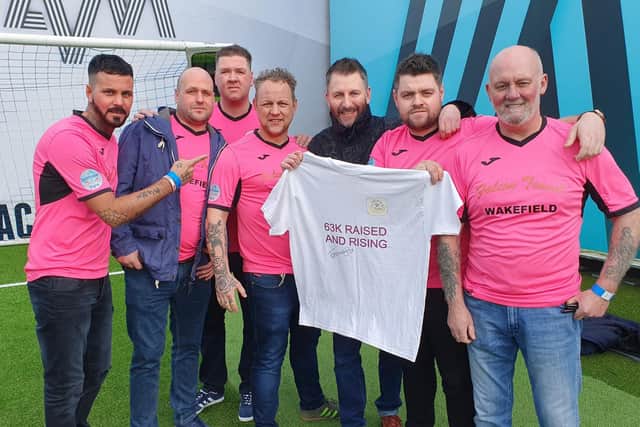 Darren Powell (left) on Sky TV show Soccer AM with fellow players from The Kews and Soccer AM presenter John 'Fenners' Fendley (third from left).