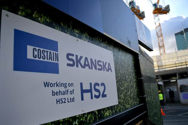 Signage is displayed outside a construction site for a section of Britain's HS2 high-speed railway project, at London Euston station. Photo:Justin TALLIS / AFP via Getty Images