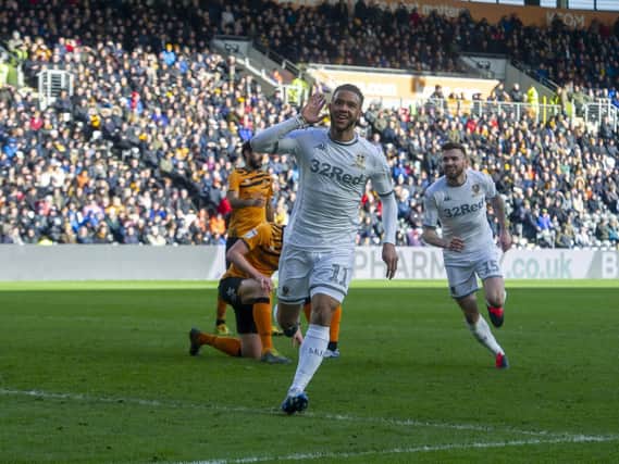 Tyler Roberts celebrating one of his two goals at Hull City in promotion-chasing Leeds United's 4-0 win (Pic: Tony Johnson)