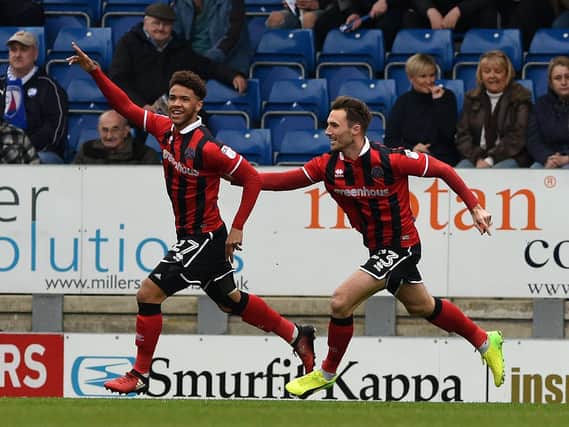 Tyler Roberts celebrating his goal for Shrewsbury against Chesterfield (Pic: Andrew Roe/AHPix)