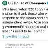This is the social media post on flooding that was deleted from the official account of the House of Commons.