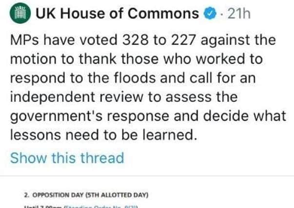 This is the social media post on flooding that was deleted from the official account of the House of Commons.