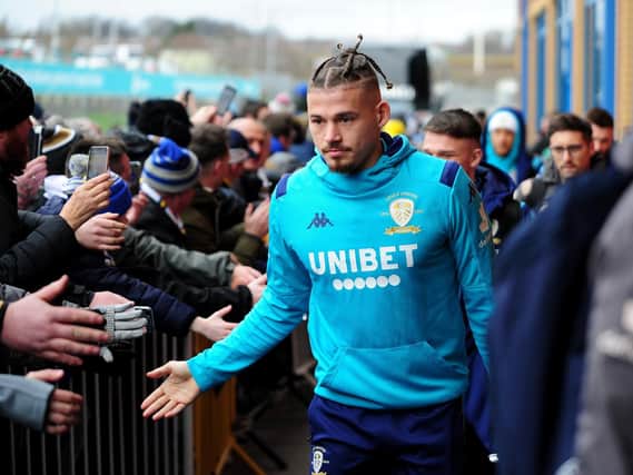 PRECAUTIONS: Kalvin Phillips interacts with supporters at last month's home clash against Reading. Due to the Coronavirus outbreak, Leeds United's team bus will pull up at a new location on the West Stand on Saturday allowing the players to enter the dressing room area directly. Picture by Simon Hulme.