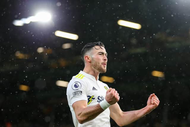 CHIPPING IN: Leeds United winger Jack Harrison celebrates netting his first Premier League goal of the 2021-22 season in Sunday's 3-1 victory against Burnley at Elland Road. Photo by George Wood/Getty Images.
