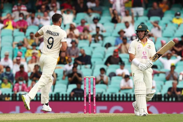 Gone: James Anderson dismisses Australia's Marcus Harris.