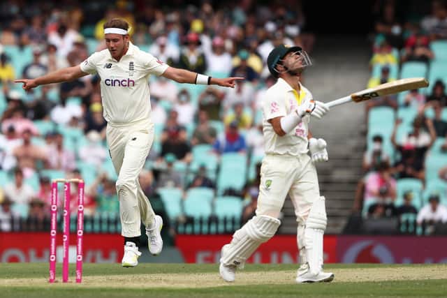 Got him: England's Stuart Broad celebrates the wicket of Australia's David Warner. Pictures: Jason O'Brien/PA