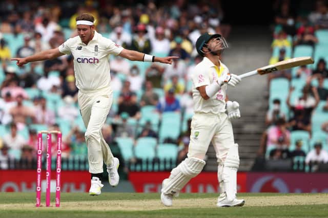 Got him: England's Stuart Broad celebrates the wicket of Australia's David Warner. Pictures: Jason O'Brien/PA