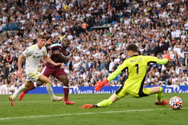 Michail Antonio scores the winner for West Ham United during Hammers' 2-1 victory over Leeds United at Elland Road in September. Pic: Stu Forster.