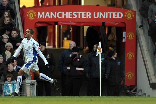 Jermaine Beckford celebrates the winner during Leeds United's 1-0 victory over Manchester United in 2010. Pic: Paul Ellis.