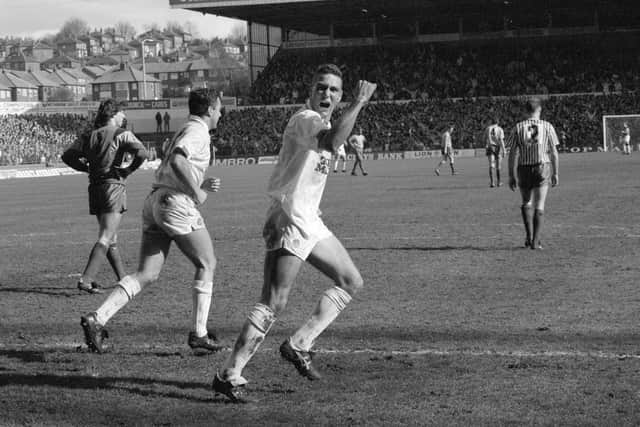 Vinnie Jones celebrates against Sheffield United on the eve of Leeds' promotion in April 1990. Pic: YPN.