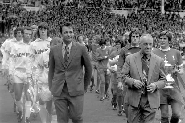 Leeds United's Brian Clough and Liverpool's Bill Shankly, lead their teams out onto the pitch for the 1974 Charity Shield.
 A changing of the guard at both clubs saw Bob Paisley take charge of Liverpool for the first time and Brian Clough do the same at Leeds.

 Photo: PA Photos/PA Wire.