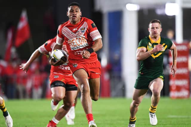 Rhinos signing David Fusitu'a on the charge for Tonga against Austrlia in 2018. Picture by  Andrew Cornaga/www.photosport.nz/Photosport Ltd 2018.