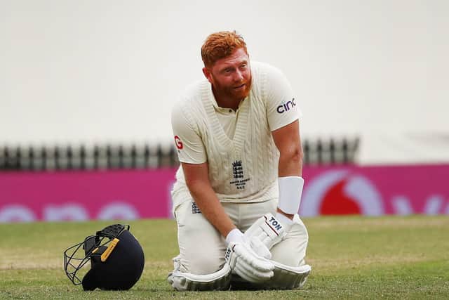 Painful blow: Jonny Bairstow reacts after being struck on the hand.