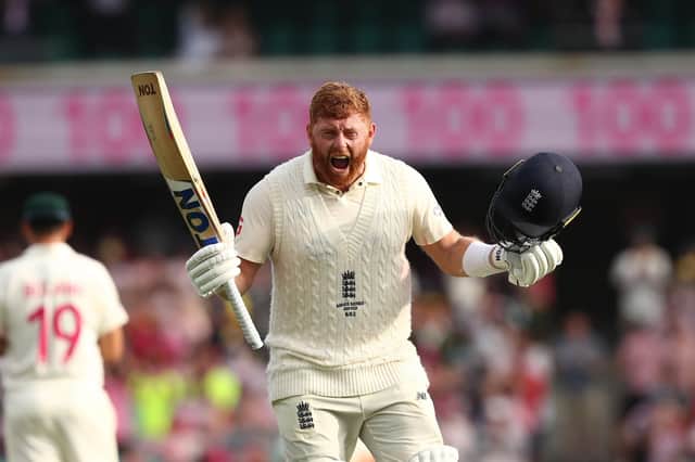 Done it: Yorkshire's Jonny Bairstow celebrates his England century during day three of the fourth Ashes Test at the Sydney Cricket Ground.