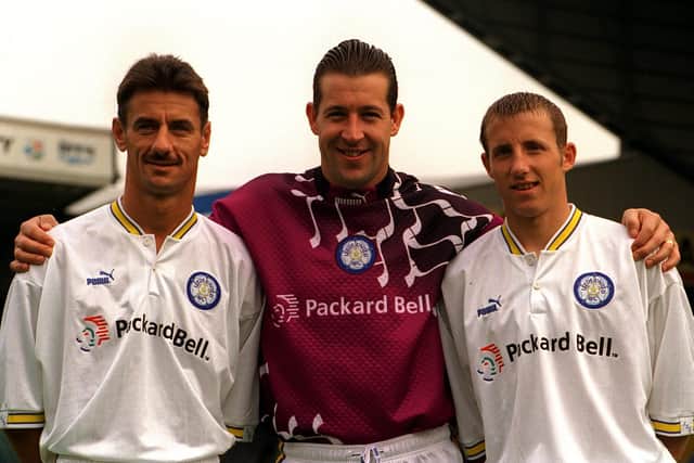 Nigel Martyn pictured with fellow new Leeds United signings Ian Rush and Lee Bowyer at the club's pre-season photocall in August 1996.