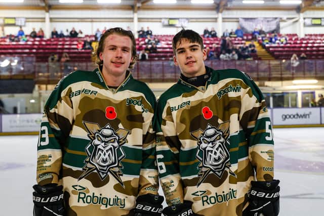 Archie Hazeldine, right, with older brother Joe having played alongside each other for Manchester Storm earlier this season. Picture: Mark Ferriss/EIHL.