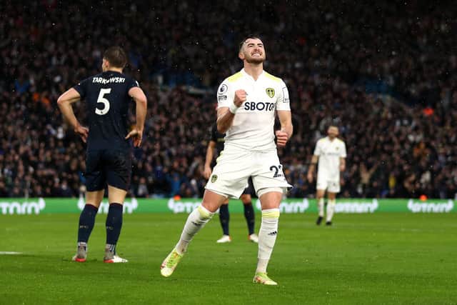 RELIEF: Leeds United winger Jack Harrison celebrates netting his first goal of the 2021-22 Premier League season in last weekend's 3-1 victory against Burnley at Elland Road. Photo by George Wood/Getty Images.