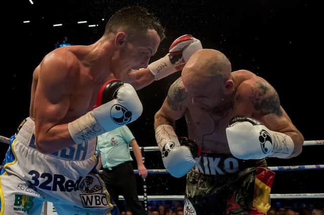 Action from the first meeting between Josh Warrington, left and Kiko Martinez in 2017. Picture by James Hardisty.