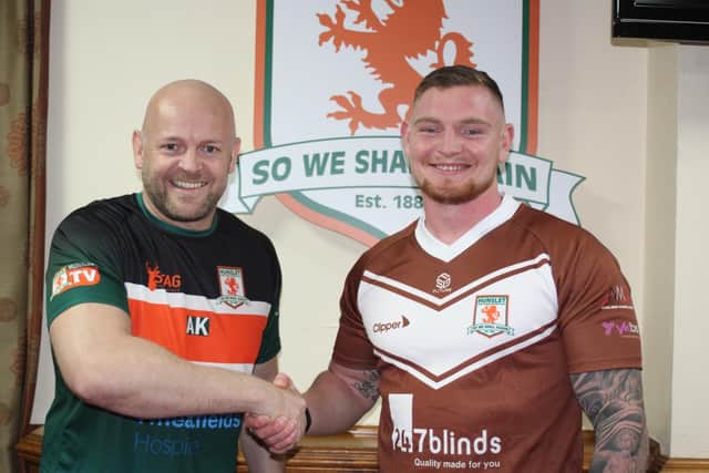 New signing Josh Jordan-Roberts, pictured right with coach Alan Kilshaw, could make his Hunslet debut in the Cup tie against Keighley. Picture by Hunslet RLFC.