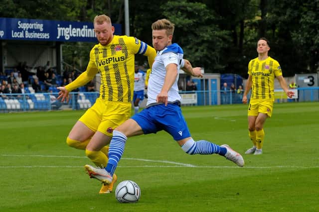 Jordan Thewlis netted Guiseley's opening goal in their 2-1 defeat at Spennymoor Town. Picture: Steve Riding.
