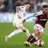 Robin Koch puts pressure on Manuel Lanzini during Leeds United's 2-0 FA Cup defeat to West Ham United at the London Stadium. Pic: Alex Pantling.
