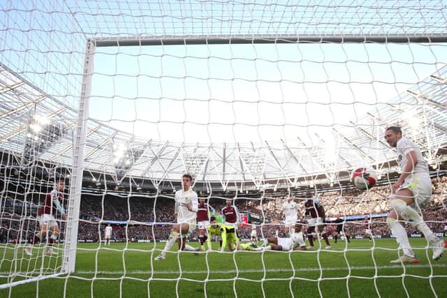 Leeds United concede an opener against West Ham at the London Stadium. Pic: Getty
