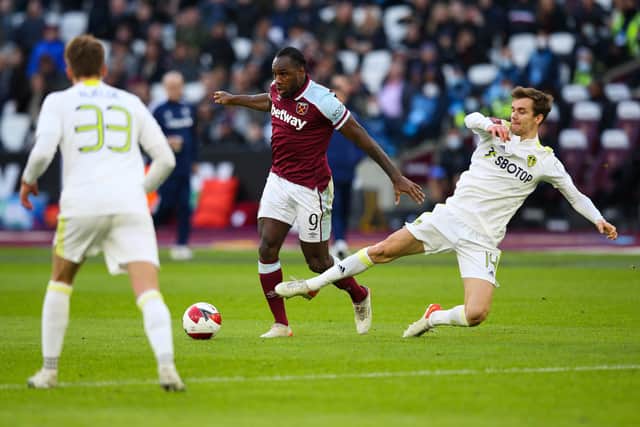 West Ham's Michail Antonio comes under pressure from Diego Llorente of Leeds United during the Emirates FA Cup third-round match at the London Stadium on January. Picture: Craig Mercer/MB Media/Getty Images.
