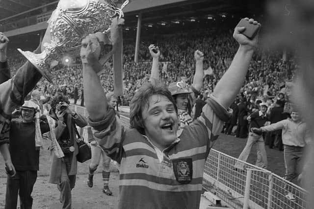 Kevin Dick leads the celebrations after Leeds' 1978 Challenge Cup final victory over St Helens. Picture: Steve Riding.
