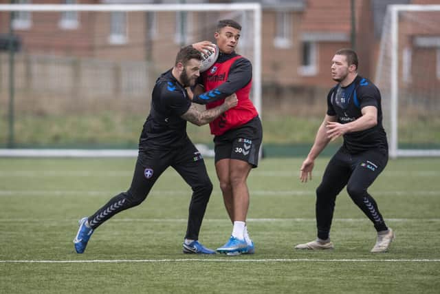 Corey Hall, centre, training with Wakefield at Dewsbury. Picture by Tony Johnson.