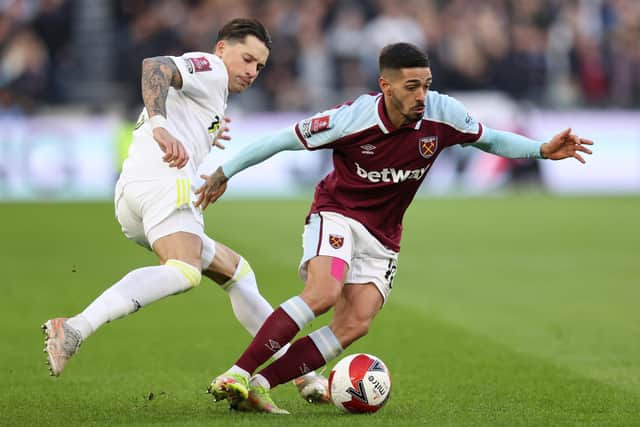 Manuel Lanzini holds off Robin Koch during Leeds United's 2-0 FA Cup defeat to West Ham United. Pic: Alex Pantling.