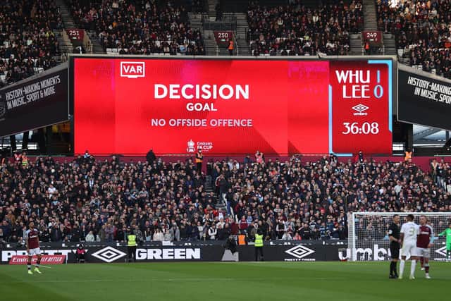 GOAL GIVEN - VAR Peter Bankes and his assistant Lee Betts both felt Jarrod Bowen's actions did not clearly impact the ability of Meslier to attempt to make a save. Pic: Getty