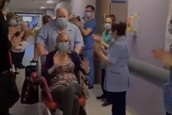 Pictured is Becky when she was able to leave Pinderfields Hospital after a seven-week ordeal after catching Covid from a patient. She was seriously ill in hospital at the time the alleged parties took place in the Downing Street garden.