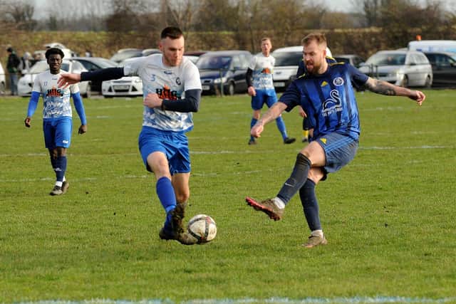 Kippax Sundays' Tom Charles shoots in the 5-1 West Riding County FA Trophy win over Old Crooked Clock. Picture: Steve Riding.