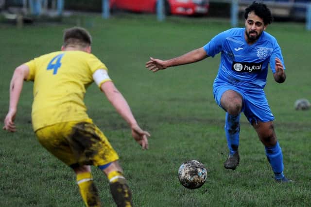 Shaaf Alam, of Morley Town, pounces on a loose ball during Saturday's Yorkshire Amateur League Premier Division encounter at Beeston Juniors. Picture: Steve Riding.