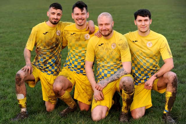 Beeston Juniors Old Boys moved into second spot in the Yorkshire Amateur League Premier Division with a 4-3 win at home to Morley Town thanks to goals from, left to right, Danny Bryant, Ash Knowles, Ash Oates and Chris Pitsikas. Picture: Steve Riding.
