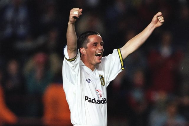 Gary Kelly celebrates during the pre-season tournament clash against Lazio in Dublin in July 1998. The Whites on penalties after the game finished 1-1.