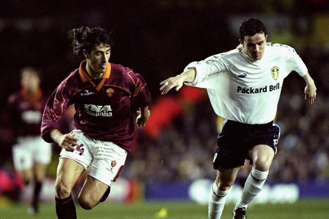 Gary Kelly is chased by Roma striker Marco Delvecchio during the UEFA Cup fourth round second leg clash at Elland Road in March 2000. Leeds won 1-0 on the night to go through 1-0 on aggregate.