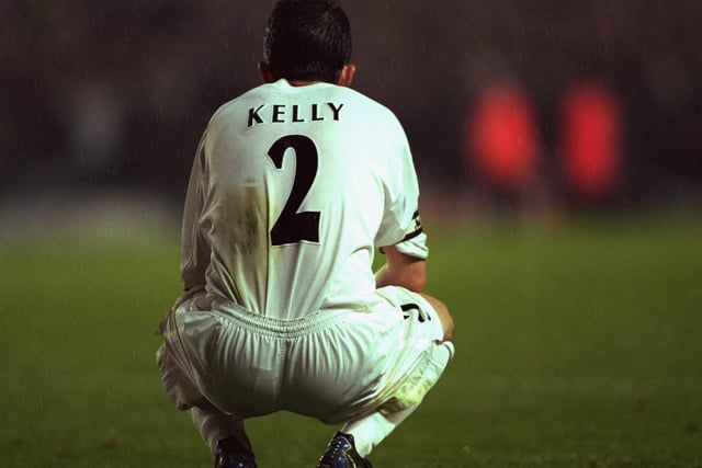 Gary Kelly is left dejected at full-time of the Champions League clash after Barcelona scored an injury time equaliser at Elland Road in October 2000.