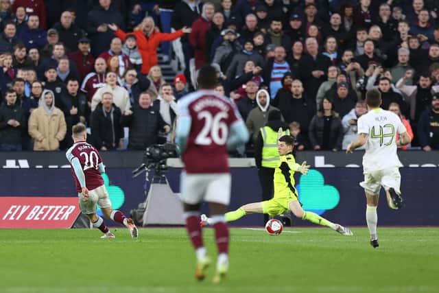 Jarrod Bowen scores past Illan Mesler in injury time of Leeds United's 2-0 FA Cup defeat to West Ham United. Pic: Alex Pantling.