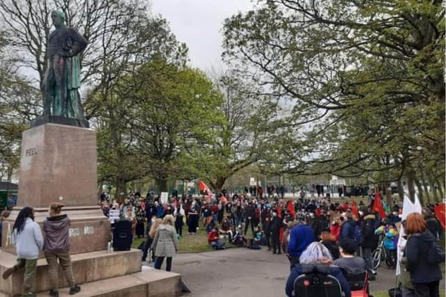 A 'Kill the Bill' protest took place by the Robert Peel statue on Woodhouse Moor in May 2021 as part of a nationwide day of action.