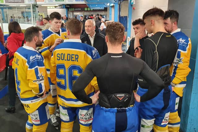 STARTING OUT: Leeds Knights' defencemen listen to head coach Dave Whistle ahead of the team's first-ever game -  pre-season challenge at Swindon in September.