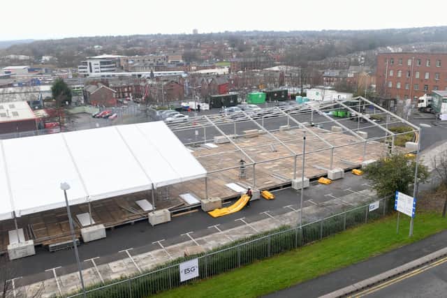 An aerial image of the Nightingale surge hub that is being set up at St James' Hospital in Leeds to deal with an expected increase of admissions caused by the Omicron variant.