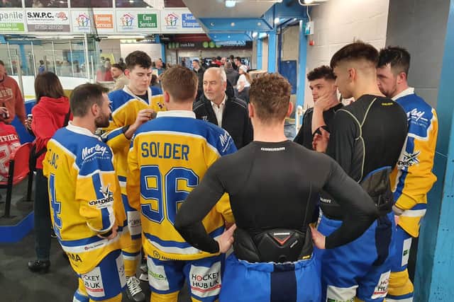 Dave Whistle talks to his defencemen ahead of the Leeds Knights first-ever game at Swindon back on September 4.