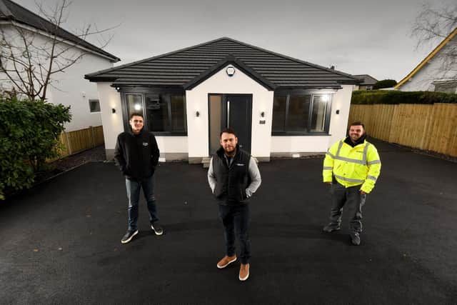 A three-bedroom bungalow in Guiseley has been transformed into a modern showstopper home .Pictured from the left are Alex Graves, Joe Wade and Kevin Wood.