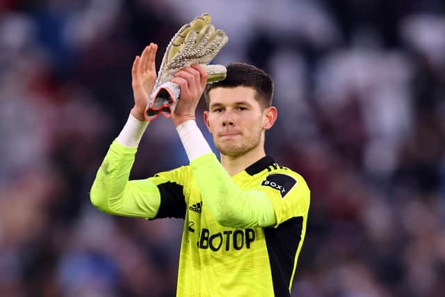 EVER PRESENT: Leeds United's young French goalkeeper Illan Meslier applauds the travelling Whites fans after Sunday's third round FA Cup exit at West Ham United. Photo by Marc Atkins/Getty Images.