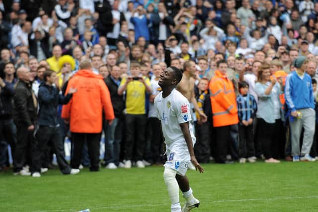 Max Gradel celebrates Leeds United's promotion to the Championship at Elland Road in May 2010. Pic: Jonathan Gawthorpe.