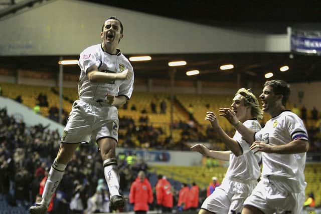 Gary Kelly celebrates scoring during the FA Cup third round replay against Wigan Athletic at Elland Road in January 2006. PIC: Getty