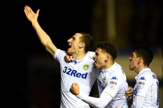 Chris Wood celebrates scoring against Birmingham City alongside Leeds United teammate Kalvin Phillips and Pablo Hernandez in March 2017. Pic: Laurence Griffiths.