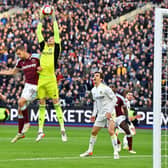 MISSING: West Ham's Czech Republic international midfielder Tomas Soucek, pictured challenging Leeds United 'keeper Illan Meslier on Sunday, was absent for the midweek clash against Norwich City. Photo by JUSTIN TALLIS/AFP via Getty Images.