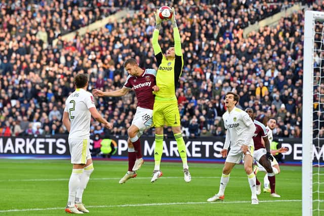 MISSING: West Ham's Czech Republic international midfielder Tomas Soucek, pictured challenging Leeds United 'keeper Illan Meslier on Sunday, was absent for the midweek clash against Norwich City. Photo by JUSTIN TALLIS/AFP via Getty Images.